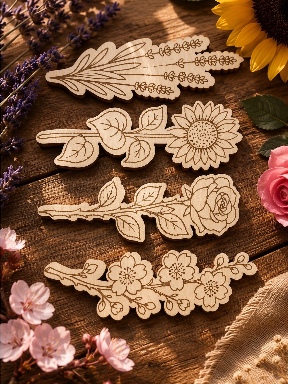 Handmade Laser Engraved Wooden Floral Bookmarks